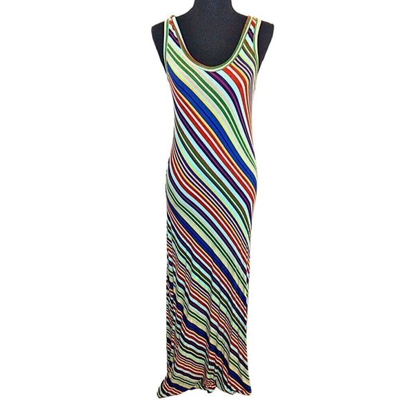 CALVIN KLEIN STRIPED TURQUOISE & MULTI COLOR SLEEVELESS TANK MAXI DRESS - Picture 1 of 6